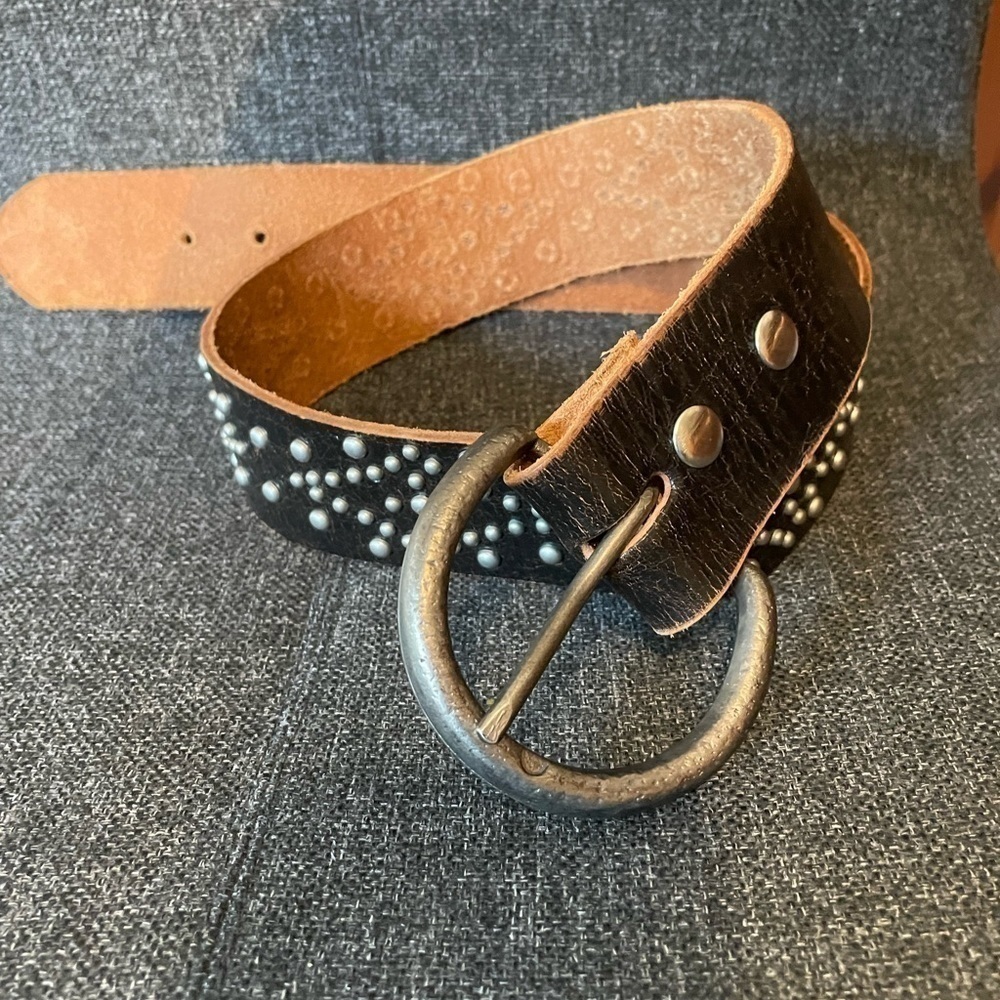 Studded Leather Belt with Hammered Metal Buckle Small-Medium